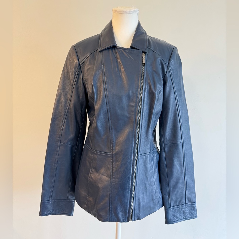 d&co Genuine Leather Blue Jacket Small Zip Up Fitted Moto Style 90s Minimalistic